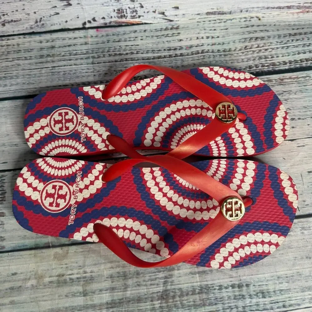 Tory Burch Women's Red White Blue Logo Medallion Flip Flop Sandals Size 8